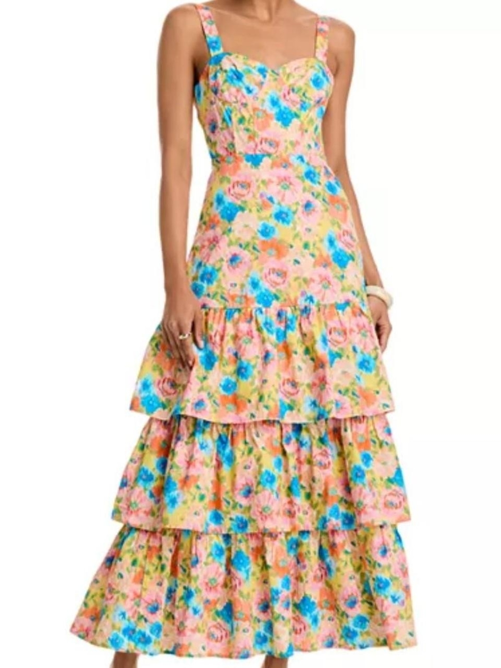 Bloomingdale's Aqua Peach Floral Tiered Maxi Dress with Blue and Pink Blooms